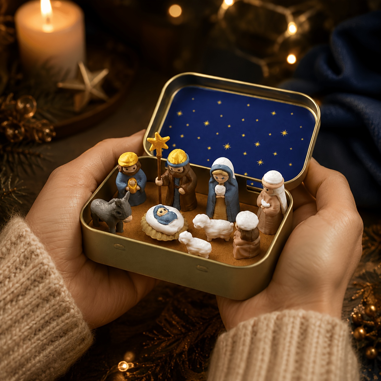 TEMU 2d Flat, Pocket-sized Nativity Scene Figurine, Packaged In A Metal Box. This Miniature Nativity Scene Includes Figures From The Holy Family, ,
