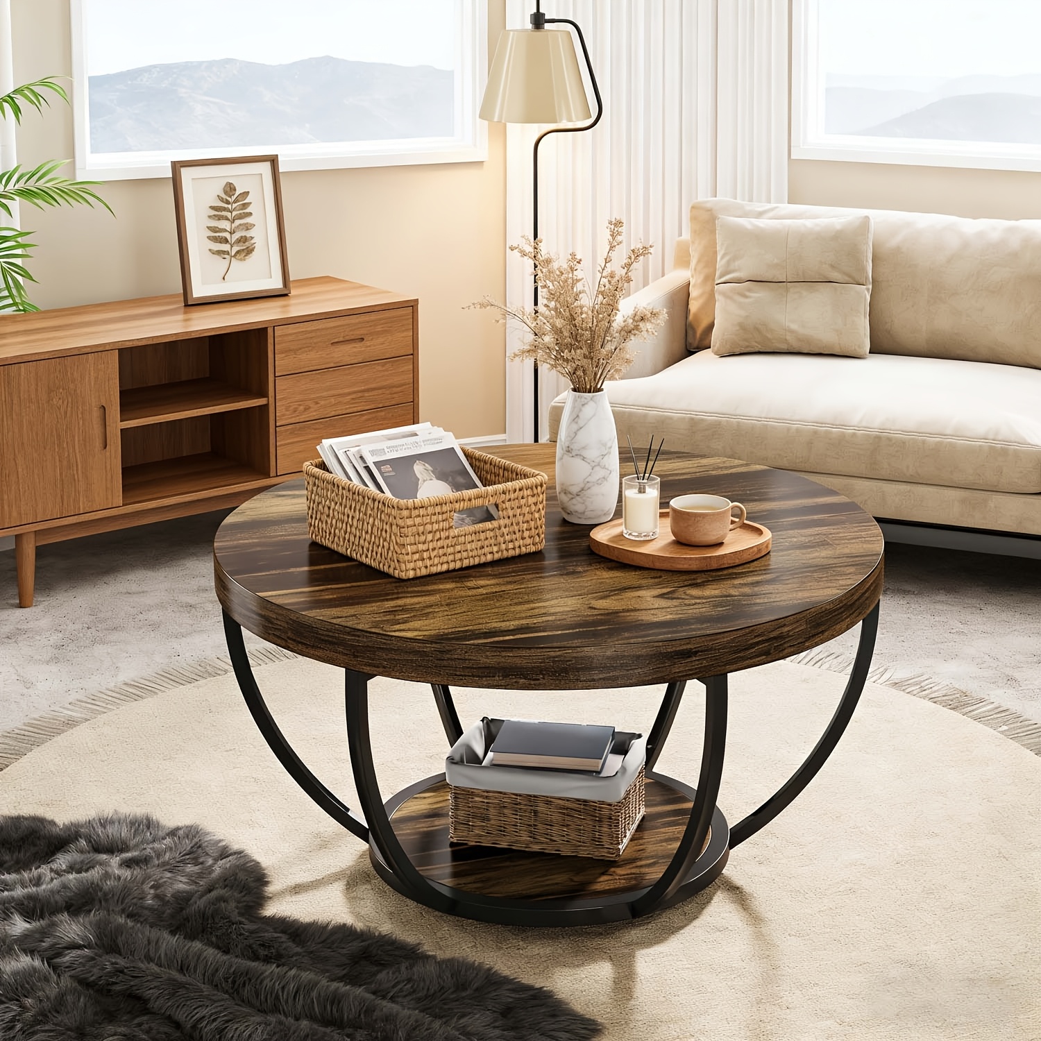 Round Coffee Table Suitable For Living Room, 31.7" Modern Retro 2-tier & Wood Table With Storage Shelves, Circle Center Table Buffet, Dining Room Cabinet, For Spaces