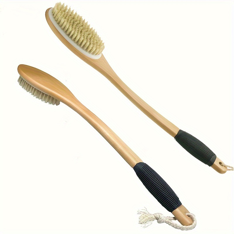 

1pc Ergonomic Wooden Bath Brush With Long Handle, Natural Bristle , Suitable For Wet Or Dry Use, Non Slip Grip