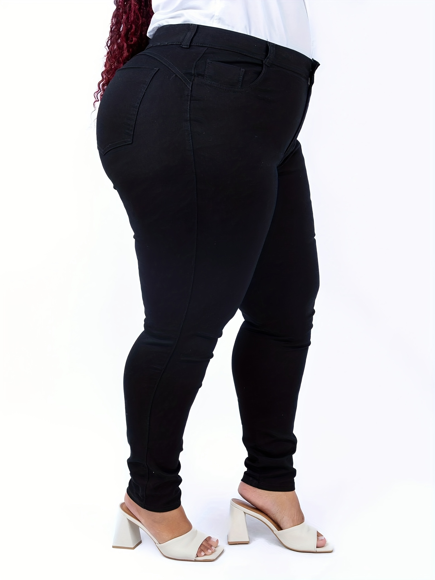 Women's Plus Size High-Waisted Skinny Jeans - Wide-Leg Tummy Control Stretch Denim Pants with Beltless Button Closure, H-Line Silhouette (Curvy-Friendly) - Machine Washable All-Season Casual & Formal Wear (Plus 5XL Max Size Available)