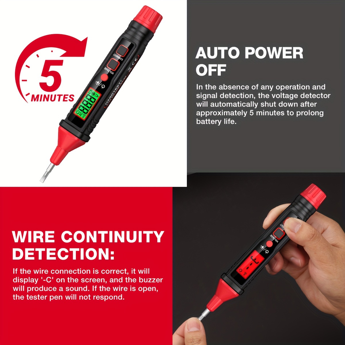 HT92 Voltage Tester, Contact Voltage Tester, Dual Range AC/DC 12V-300V, Electrical Tester With LCD Display, Buzzer Alarm, Wire Breakpoint Finder details 5