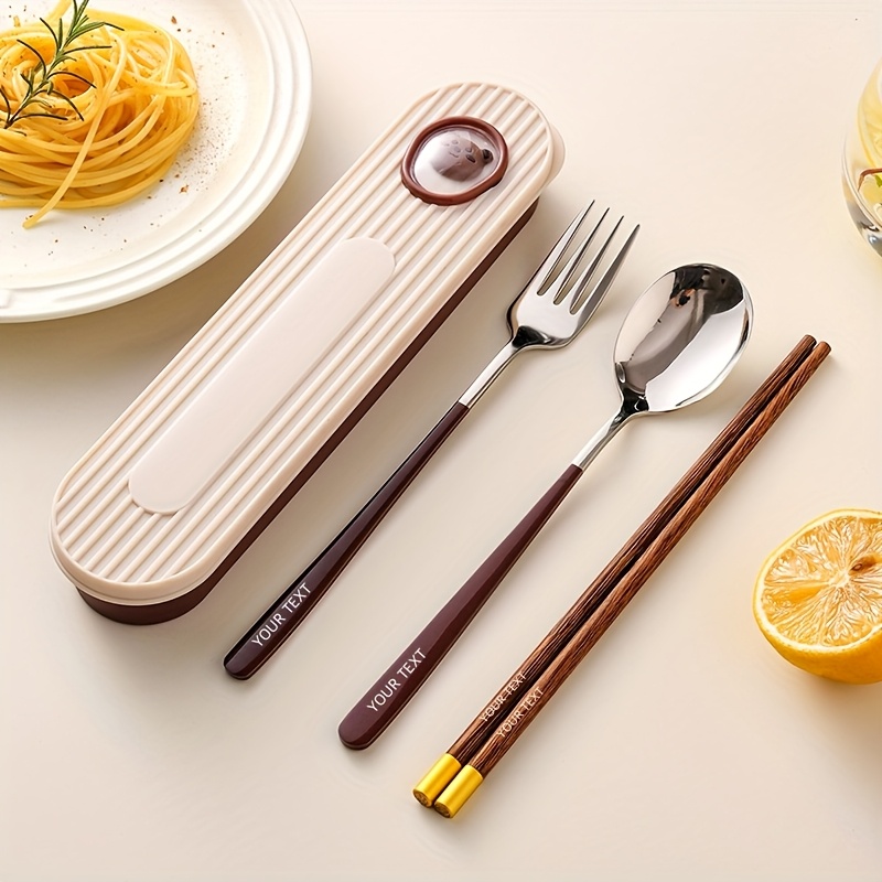 TEMU Personalized Customization, Stainless Steel Cutlery Set, Cute Cartoon Design Ripple Bunny Ripple Teddy Bear - Portable, Picnics, Camping, And