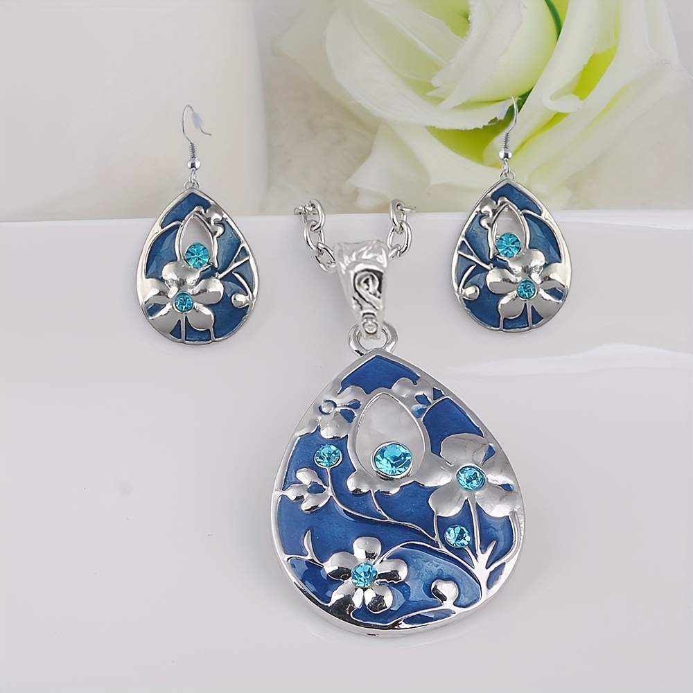 TEMU Collar Y Pendientes Con Gancho, Conjunto De Aleación De Zinc Con Decoración De Diamantes De , Conjunto De Joyería Con Estampado De Flores Azules