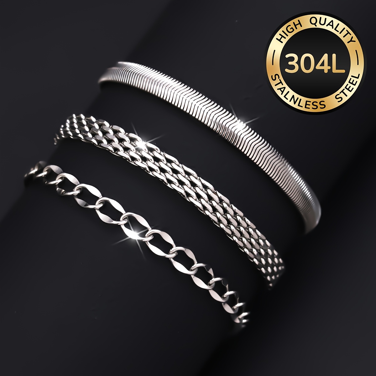 3pcs Women's 304L Stainless Steel Bracelet Set, Waterproof