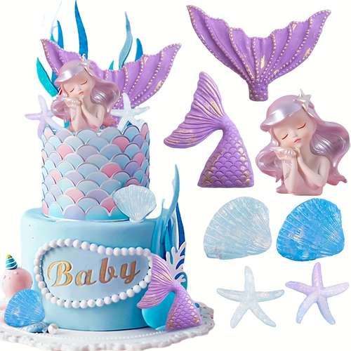 Décoration De Gâteau Sous La Mer - Set Avec Queue De Sirène, étoiles De Mer, Coquillages Et Algues - Pour Anniversaire, Baby Shower Thème Marin