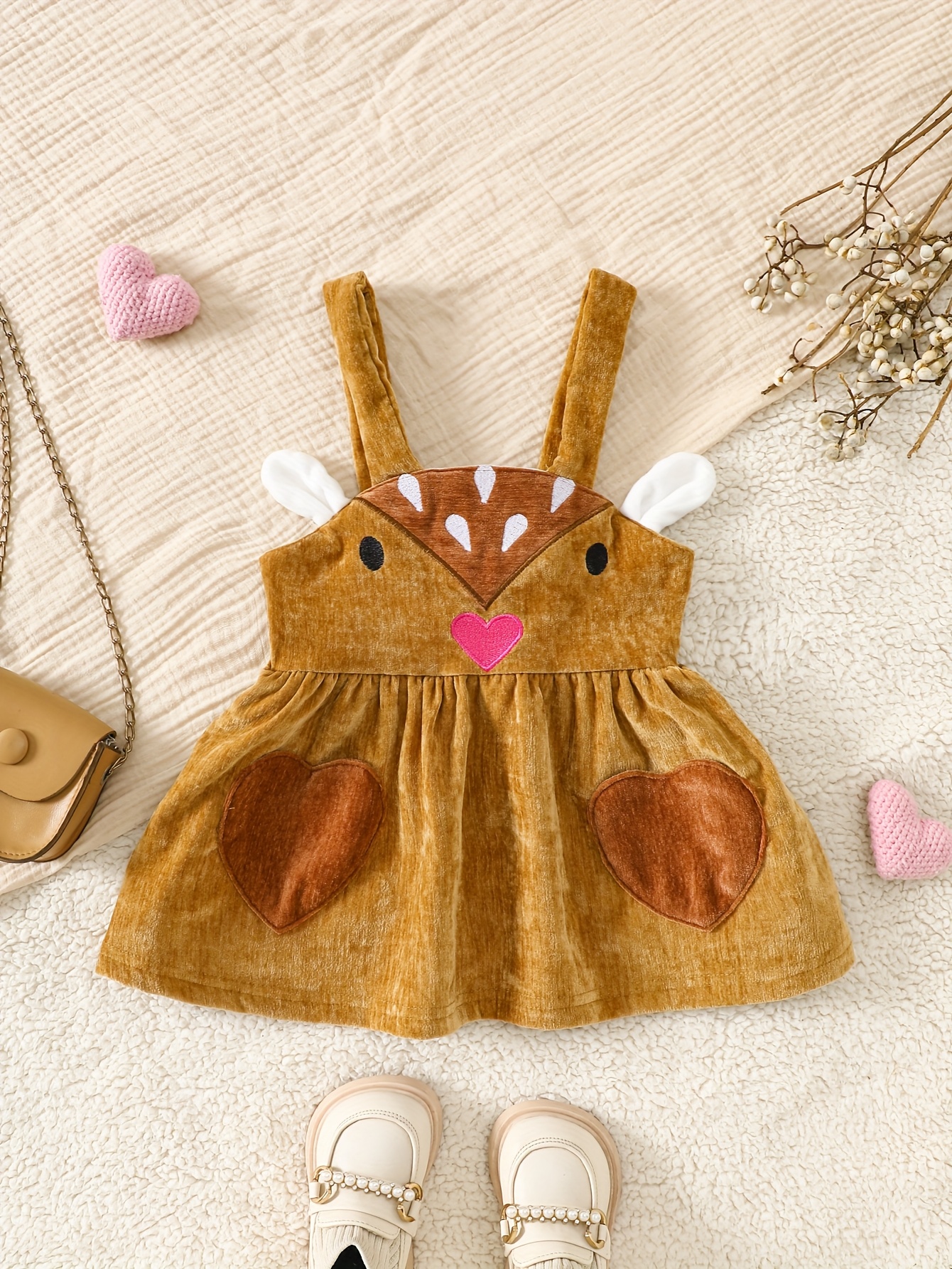 Baby Girl S Christmas Dress with Heart Pocket & Animal Ears - Bohemian Style Sleeveless  -Length Dress, Soft Brown with White Trim &   Accents, Festive Outfit for Holiday Photos & Parties, Spring/Fall Wear, Ideal Christmas Gift (Non-Stretch Fabric), Christmas Clothes, Baby Christmas Dress, Baby Clothes, Best for Christmas