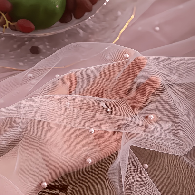 TEMU A Tablecloth Made Of Pink Lace And Pearl, Perfect For Valentine's Day Decoration, Featuring Tulle Fabric. It Can Serve As A Bridal Veil Or A