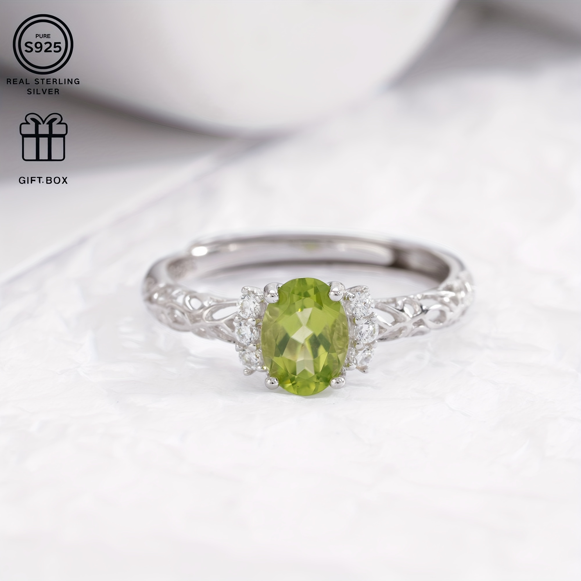 925 Silver Ring w/ Natural Gemstone Plated Hollow Pattern Lightweight