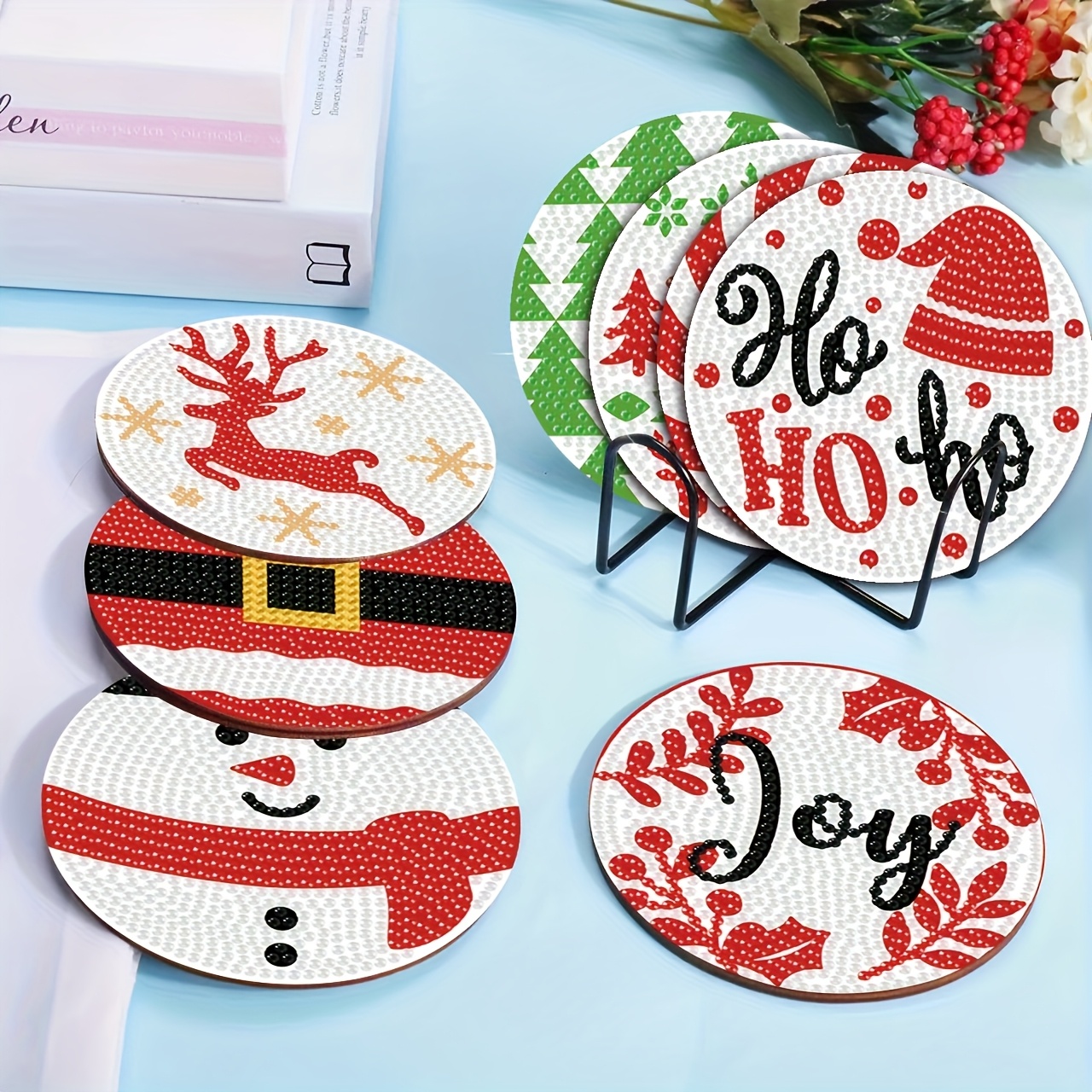 TEMU Kit de peinture diamant 8 pièces avec support, festifs de Noël - Ensemble de dessous de verre de neige, ensemble de dessous de verre en bois
