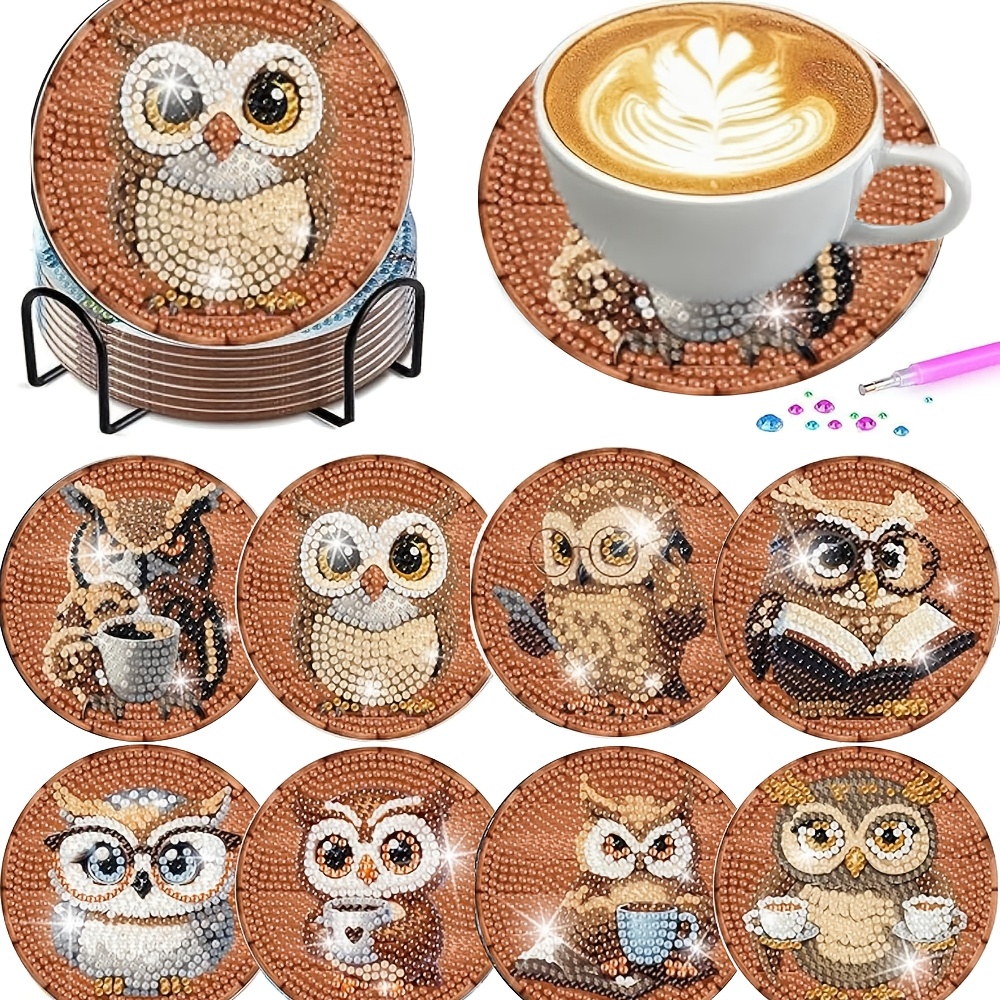 TEMU 8pcs/Set de sous-verres de peinture diamant, motif animal café avec support - Kit d'artisanat d'art diamant pour la décoration intérieure, kit