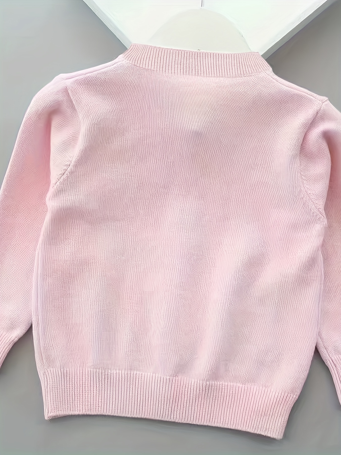 Girls' Lightweight Knit Cardigan Sweater Soft Pink Long Sleeve Round Neck  Sweater with Geometric Floral Pattern, Spring/Fall Layering Piece for