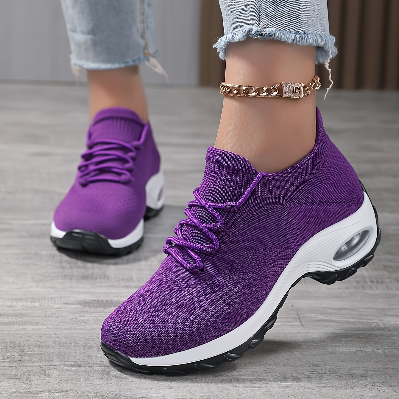 

Femmes Chaussures de sport Chunky couleur unie, respirantes, à lacets en tricot, confortables, basse