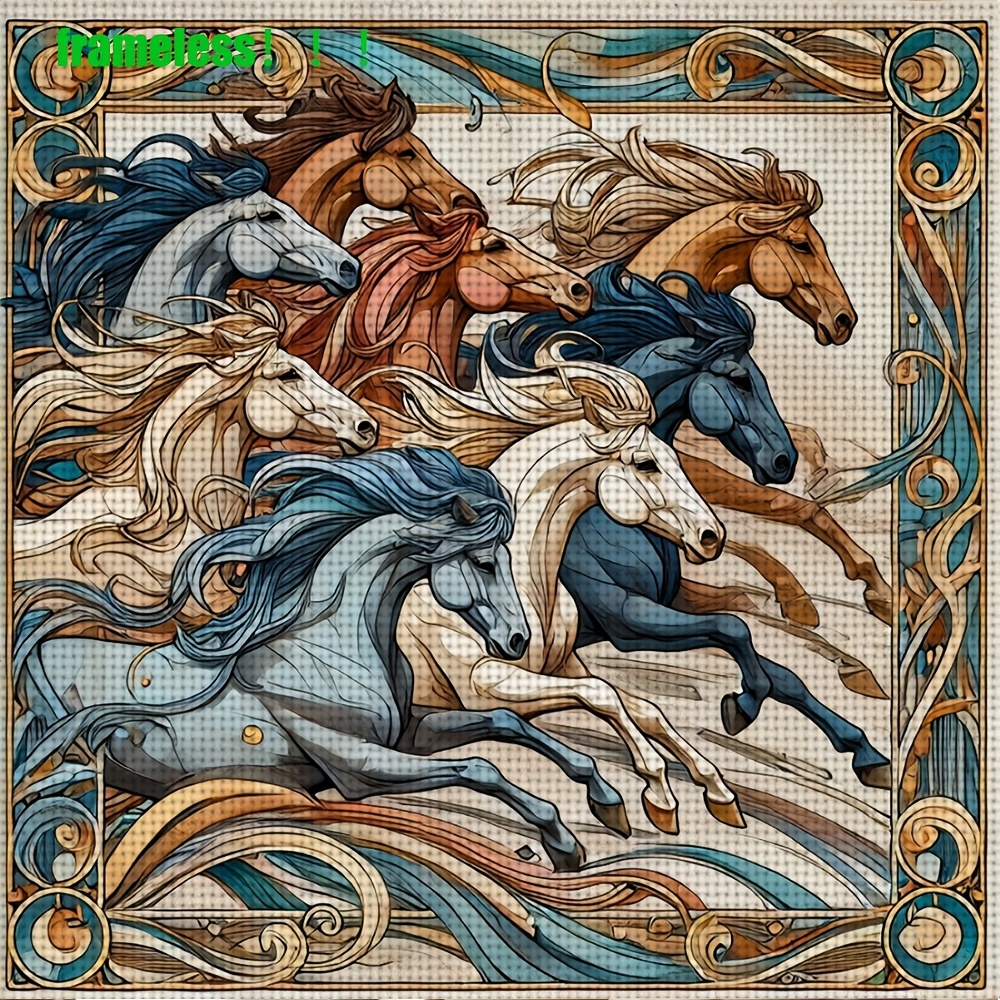 TEMU 1pc Diy Frameless Cross Stitch Kit, Horses Pattern [30*30cm/11.8*11.8in] [40*40cm/15.7*15.7in], Handmade Diy Printed Cross Stitch Set, Creative