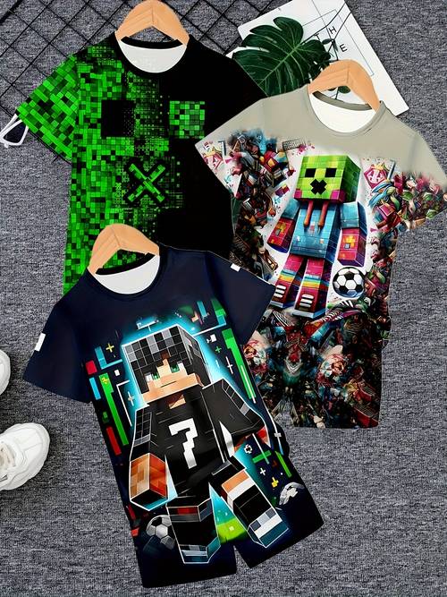 6pcs fashion creative cartoon pattern boys casual 3d print t shirt and shorts set gym outdoor sports outfit for outdoor