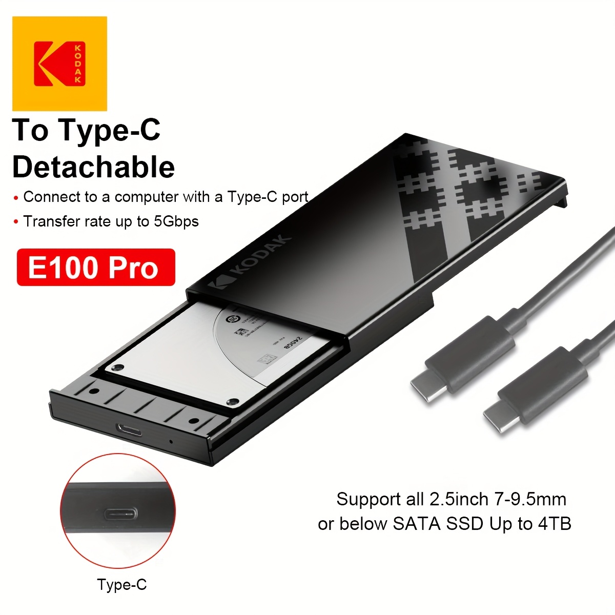 E-shop KODAK TYPE-C/USB 2,5-Zoll-Wechsel-Festplattenbox SSD externe Speicherbox USB3.0 zu SATA III Konverter aus ABS-Material, unterstützt bis zu 5TB