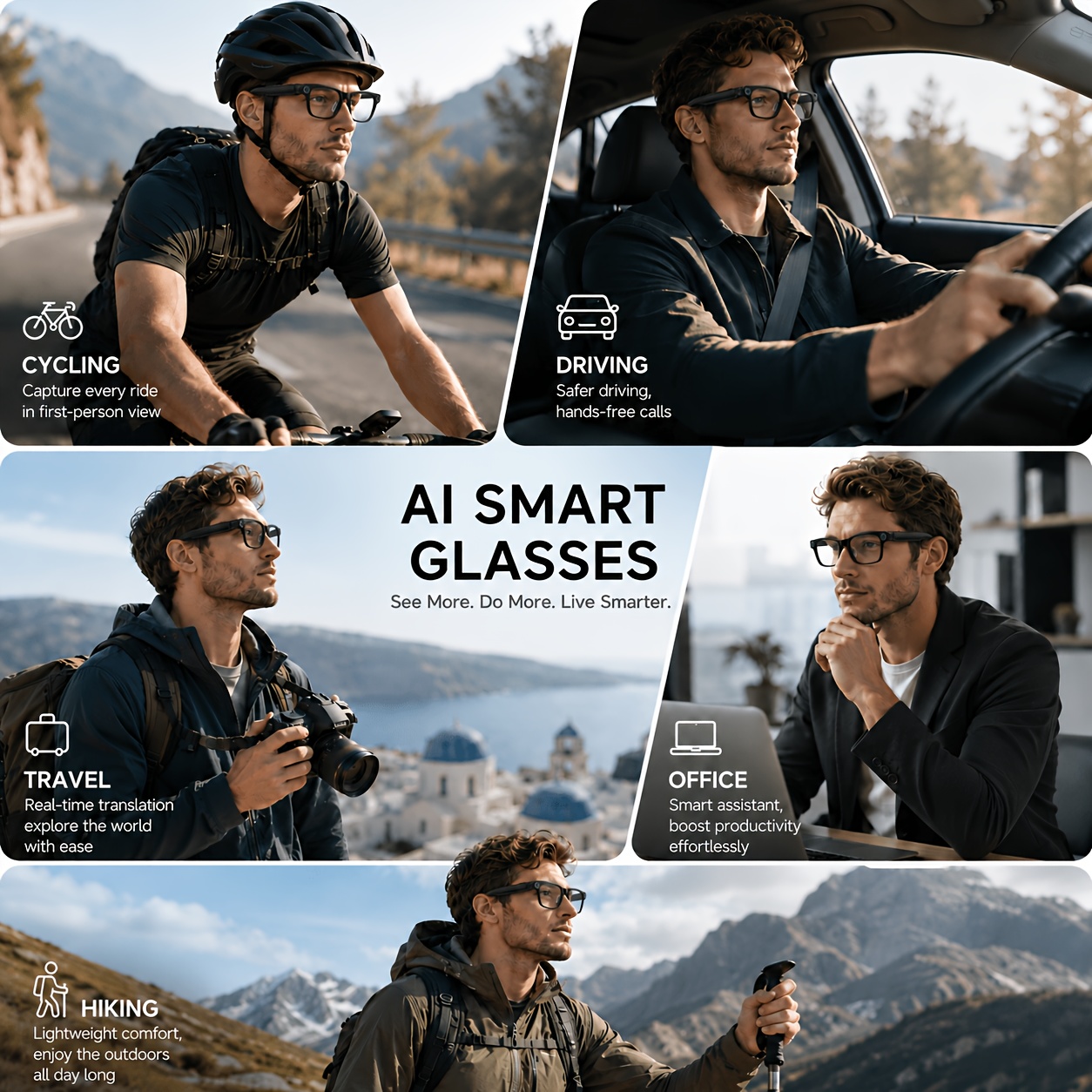 PEJE AI Smart Camera Glasses with 100+ Languages Real-Time Translation, AI Voice Assistant, AI Recognition, 8MP Camera, 1080P Video Recording, 4GB Storage, Wireless Calls, Music Playback, Open-Ear Audio, Smart Glasses for Travel & Outdoor