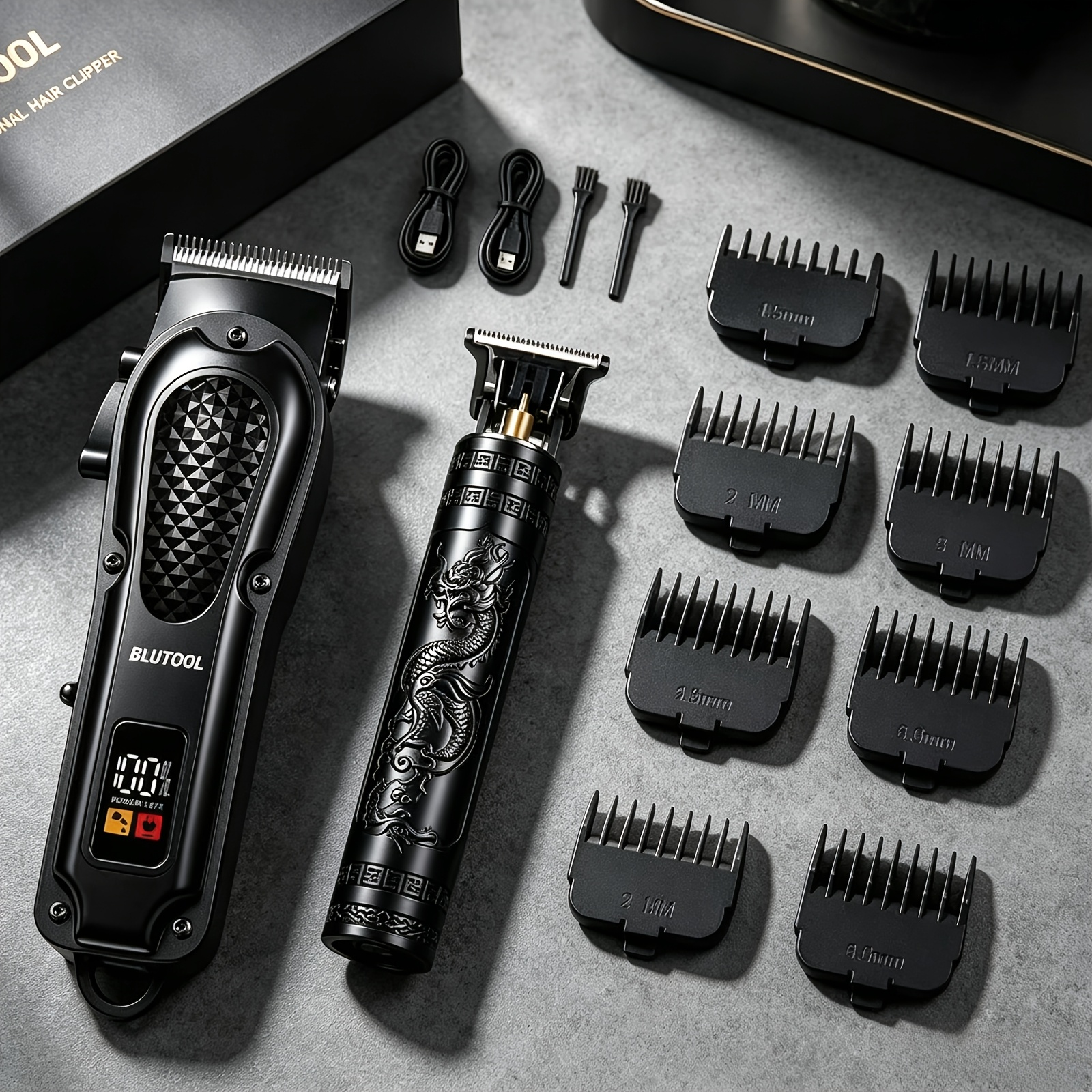 TEMU 2in 1 Professional Barber Hair Clipper & Detail Trimmer Set, Cordless Rechargeable Led Digital Display Hair Cutting Kit With 8 Guide Combs,