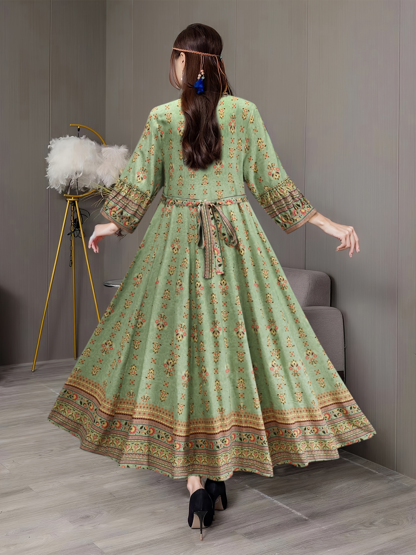 Tunic Dress Casual Embroidered Dress Elegant Green Embroidered