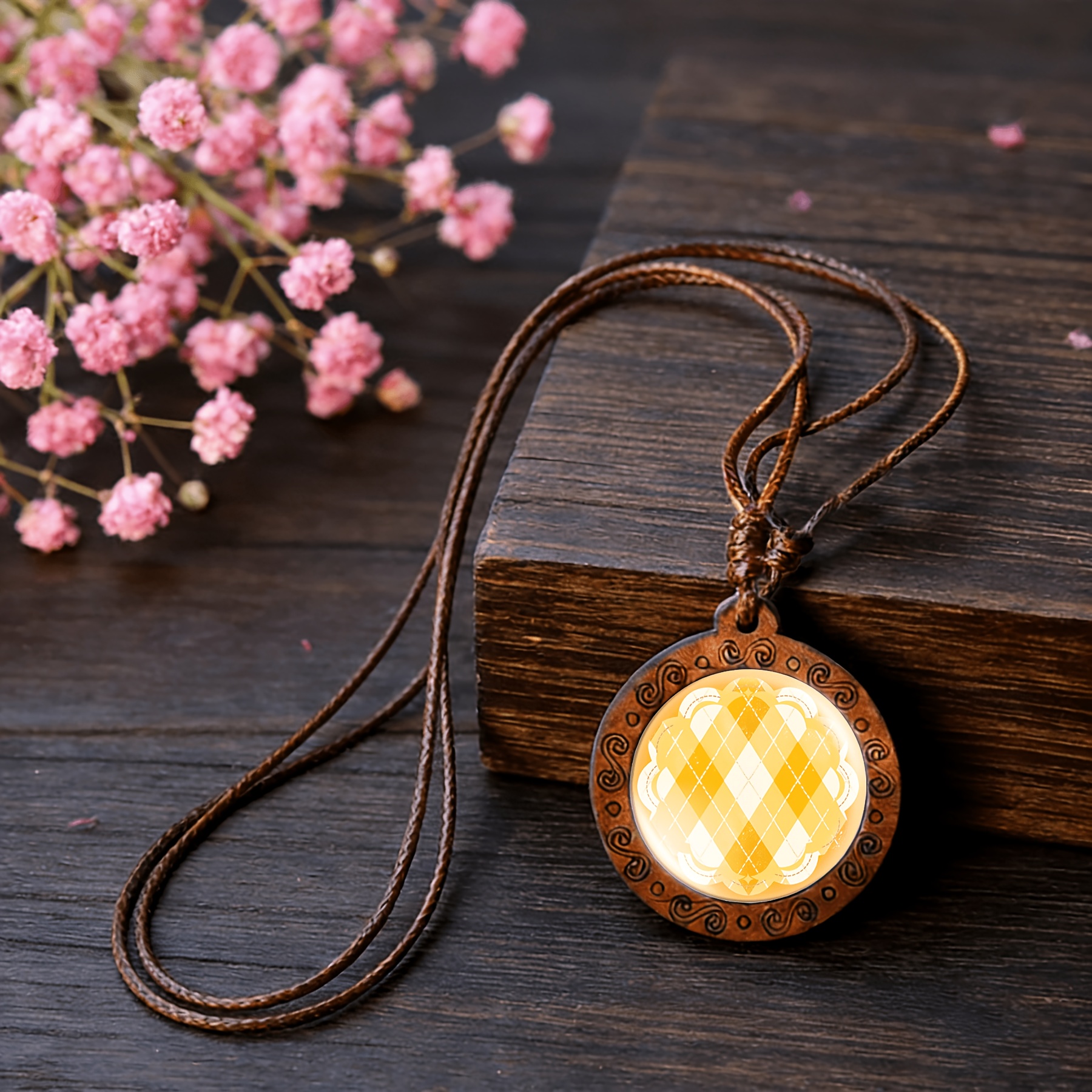 Handcrafted Orange Circular Synthetic Wood Pendant Necklace