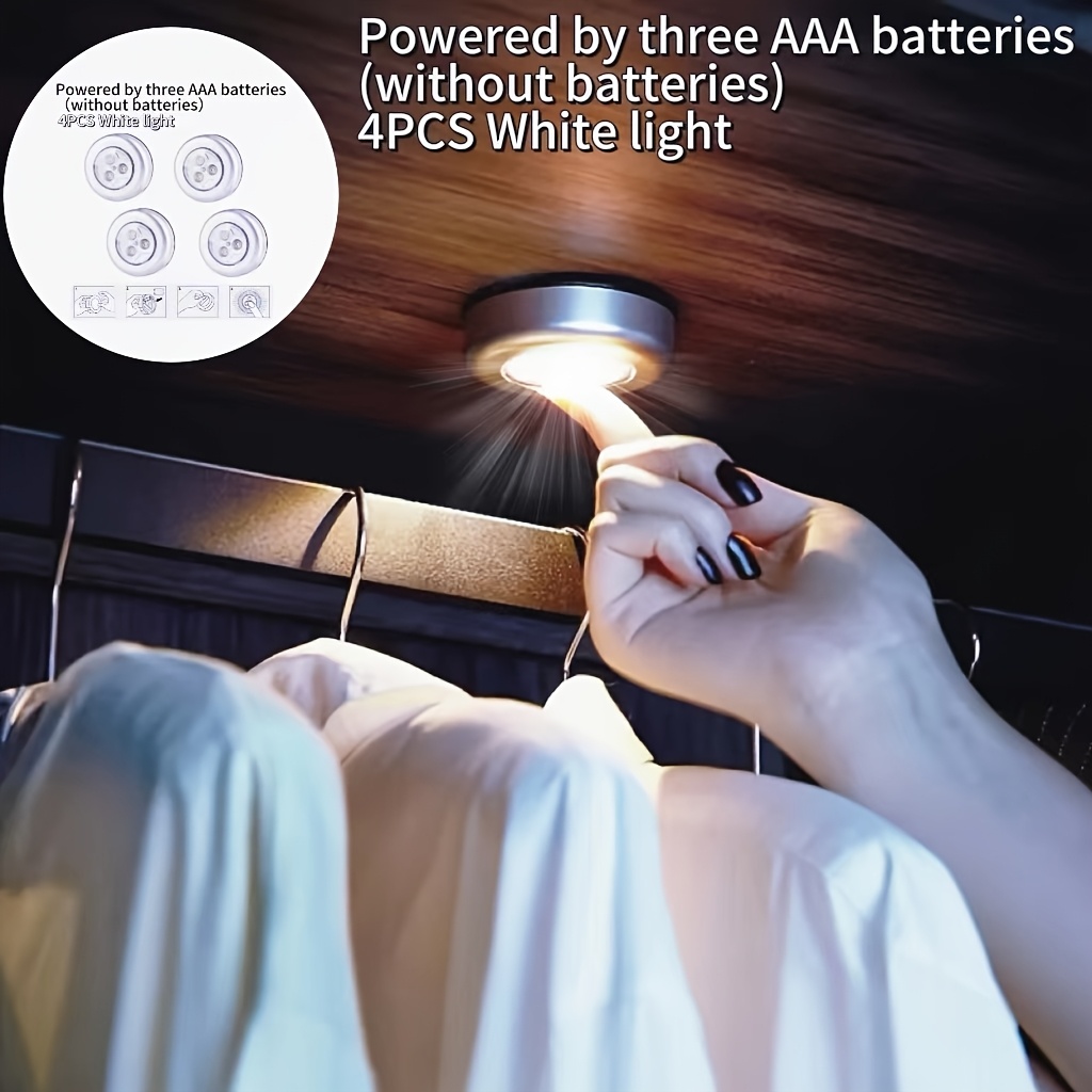4pcs Push-button Led Round Lights - Battery Powered (batteries Not Included) - Suitable For Kitchen, Bedroom, Cabinet, Staircase, Bedside, Wall And Hallway Lighting - Portable And
