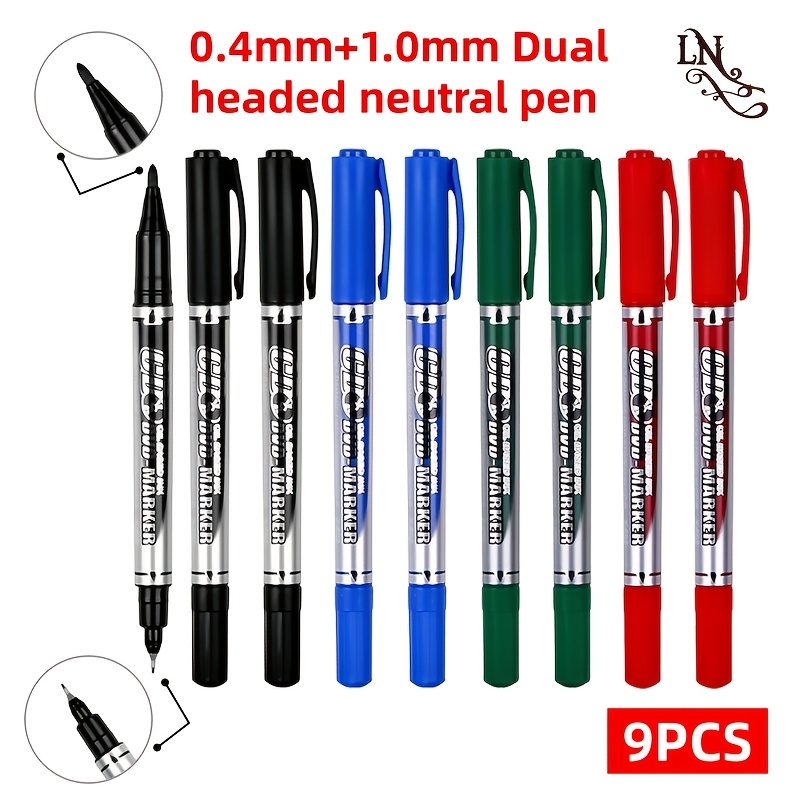 TEMU Lot de 9 stylos à double pointe, style nouveau, pointe fine et séchage rapide, pointe 0,4 mm et 1,0 mm, 4 couleurs (noir, rouge, bleu, vert),