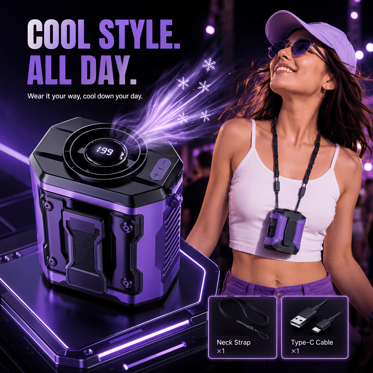 TEMU Rechargeable Portable Fan With Belt Clip, 6000mah Battery, 199 , Led Digital Display, Neck Strap Included, Type-c Charging, Strong Cooling Fan