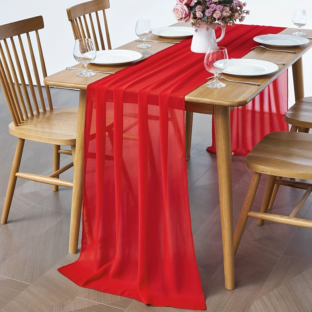 TEMU 1pc 12x118 Inch Red Sheer Polyester Tablecloth - Soft Semi-transparent Elegant Wedding Table Cover For Bridal Showers, Baby Showers, Birthdays,