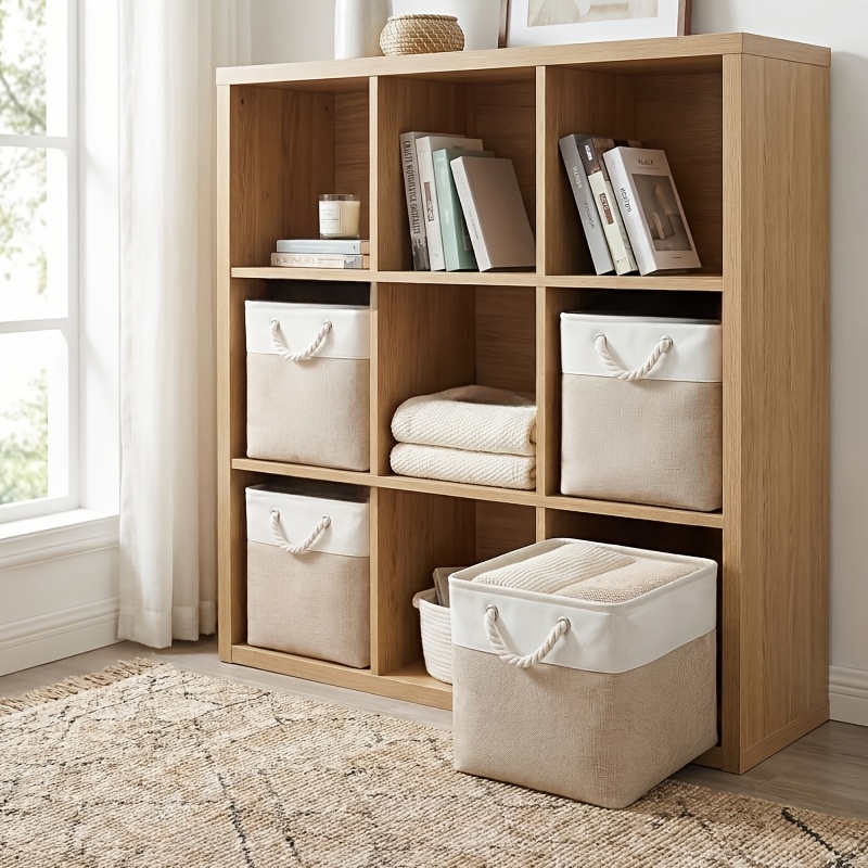 TEMU 4pcs 12.2x12.2x12.2inch Foldable Cloth Storage Bins With Handles Multi-functional Home Closet Office Storage White Beige Space- Stackable,