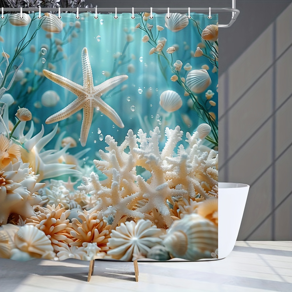 

Water-resistant Polyester Shower Curtain With Starfish, Coral, And Seashell Design, Hand Wash Only, Includes Hooks, 180x180cm