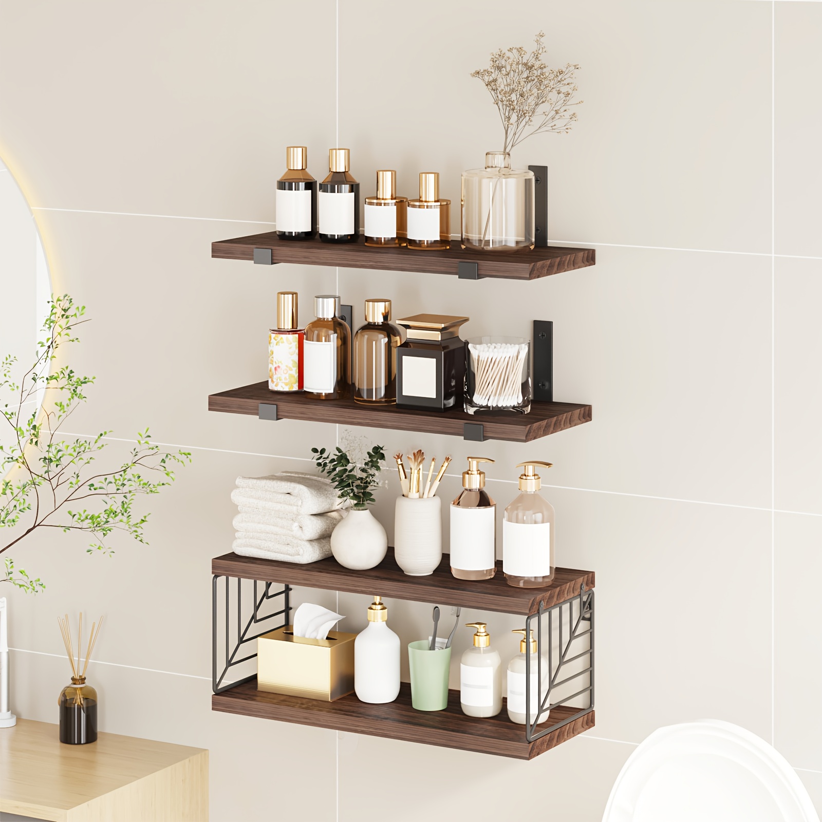 * 3+1 Tier Bathroom Floating Shelves Over Toilet, Farmhouse Rustic Wood  Shelves, 16*6*0.6 Inches * * For Room Christmas Decor, Wall Dresser,  Bathroom Storage And Accessories, Living Room, Bedroom, ..., image size:1600x1600