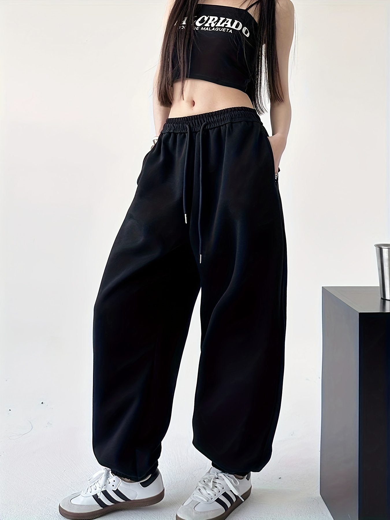 Dndkilg Women Sweat Pants Straight Leg Fleece Lined With Pockets High Waisted Joggers Pants Baggy Casual Drawstring Petite Big Comfy Sweatpants Black
