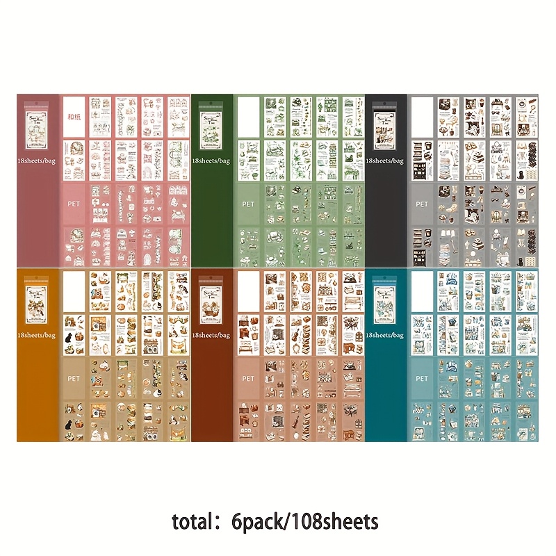 TEMU 6-pakning (totalt 108 ark) klistremerkebok med dobbel materiale og utstansing – Time Series, scrapbook collage dekorativt album, , scrapbook