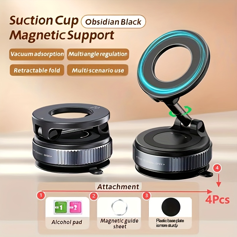Juego de 4 soportes magnéticos para teléfono - Incluye 1 soporte, 1 anillo mágico, paño de limpieza y almohadilla de goma, equipado con imanes N52 potentes, ajuste de rotación de 360°, adecuado para estabilizador universal de escritorio de coche
