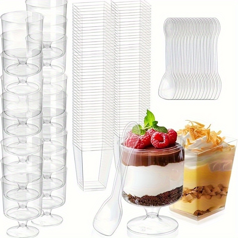 TEMU 300 Packs Dessert Cups With Spoons, 5oz Mini Clear Plastic Disposable Parfait Cups, Small Serving Bowl For Cream Pudding, Square Dessert Shot Glasse Round For Wedding Party