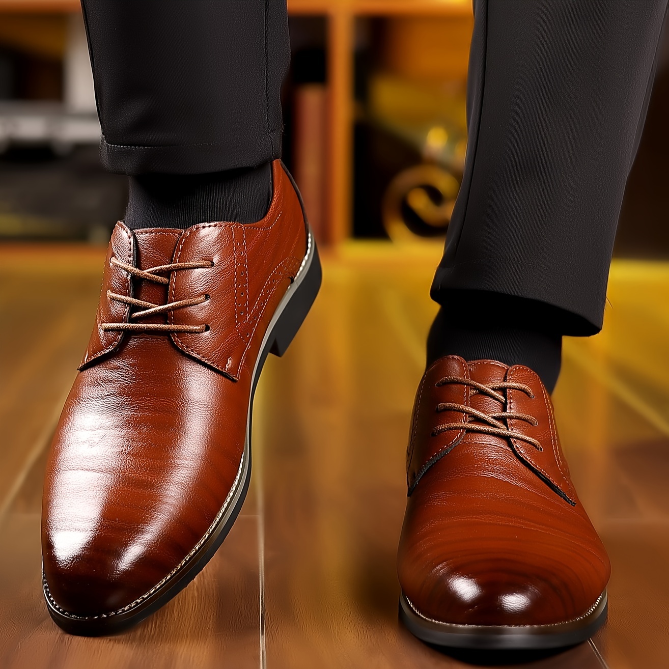 Men's Brown Dress Shoes - Lace-Up Wingtip Oxfords with Rubber Sole, Classic Perforated Design for Formal or Business Occasions
