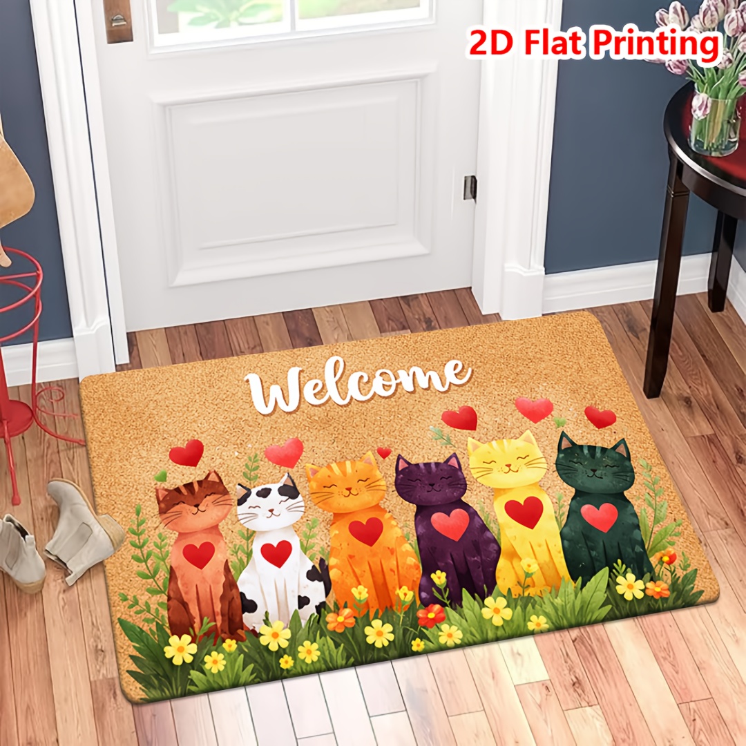 TEMU [Produit] [Flanelle et matériau en éponge de 1 cm d'épaisseur] Tapis de porte amusant | Tapis imprimé avec motif de cœur de chat et de pour