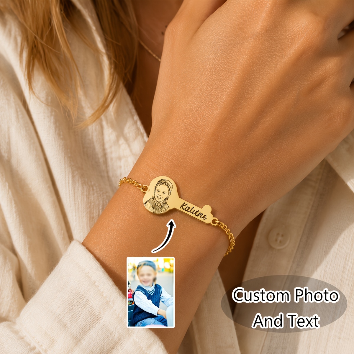 Custom Photo Key Shape Bracelet, Engraved Stainless Steel