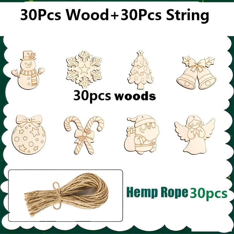 TEMU 30pcs Set Of Wooden Snowman, Christmas Tree, Bell, Snowflake, Candy Cane, Stocking, And -shaped Wood Slices, Diy Craft Kit, Includes 30 Wood