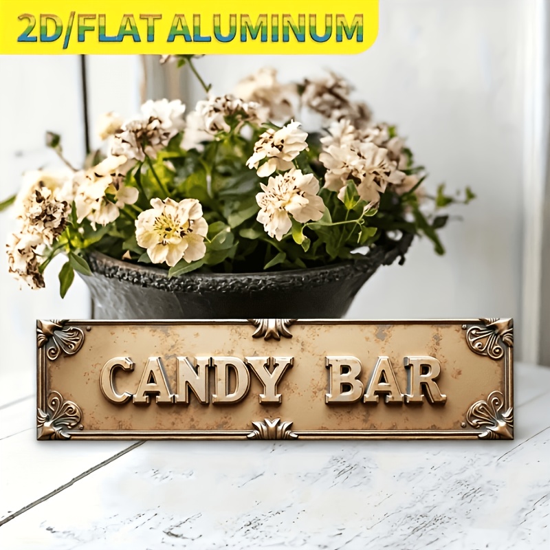 TEMU Plaque murale 2D plate, 1 pièce, 2D plate, d'extrémité texturé et vieilli "CANDY BAR" florale vintage en aluminium, 10.16X40.64Cm, art mural en
