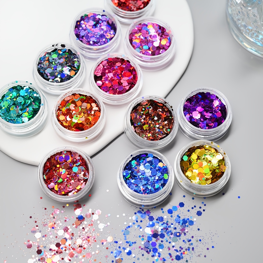 24 Colors Iridescent Mermaid Holographic Hexagon Sequins, Makeup Body Nail Face Hair Chunky Glitter Gel, Face Paint Glitter Eyeshadow Singer Concerts Festival Rave Accessories, Makeup Accent Product, Nail Art Sequins, Iridescent Makeup Product, Holographic Body Glitter, Shimmer Sequin Look, Iridescent Sparkle, Hexagon Sequin Formula, High-Shine Finish