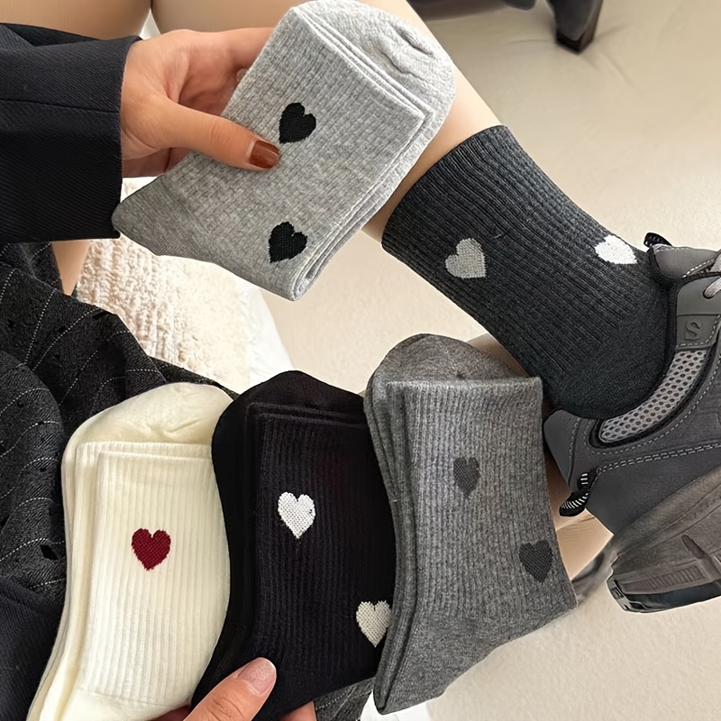 

4pairs Autumn And Winter Socks For Girls, Mid-calf Socks, Grid Love Heart Long Socks, Fashionable And Warm, Ins Trendy Socks