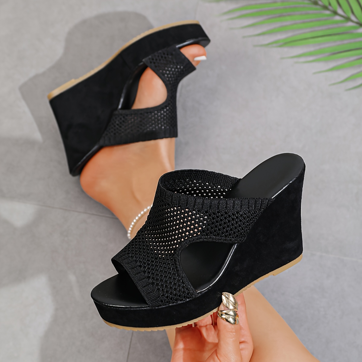 TEMU Summer New Mesh Wedge Sandals, Knit Hollow Breathable Thick-soled Slides, Toe-open Versatile Casual Slippers, Daily Vacation Leisure Women's