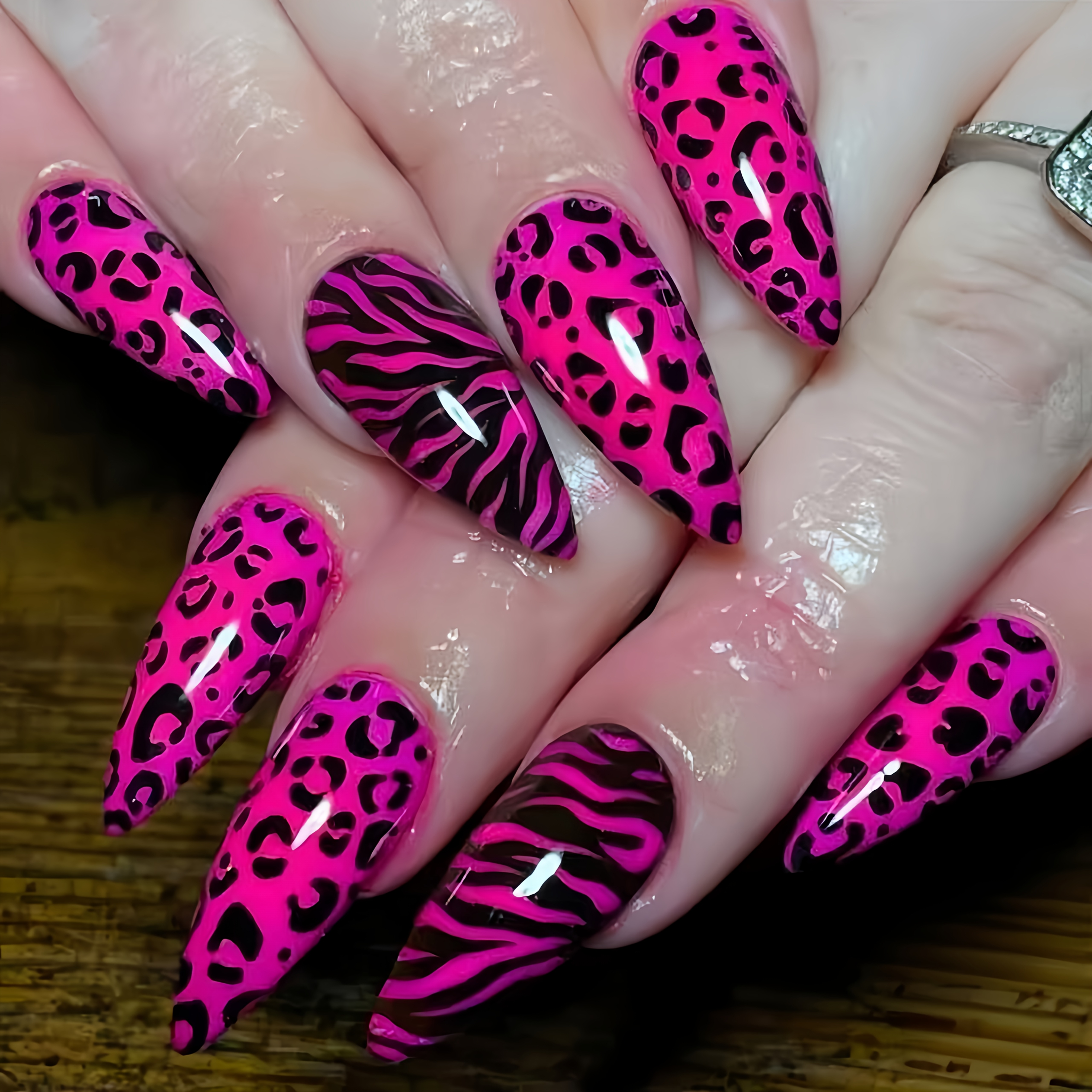 TEMU 24pcs Nail Art, Neon Pink Leopard Print Zebra Pattern Nails, Long Pointed Nails, Medium Length Water Drop Shape Nail Sheets, Glossy Detachable