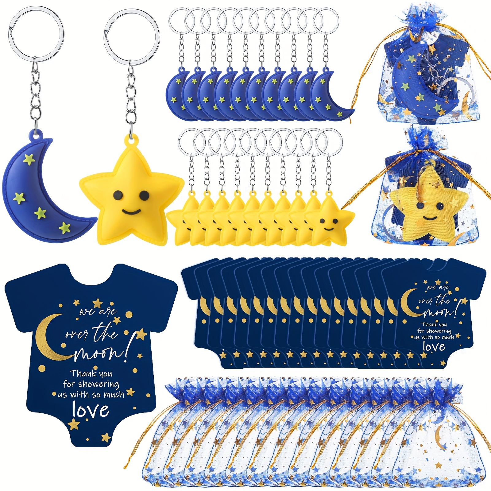 

300 Pcs Baby Shower Keychain Decoration Baby Shower Party Favors Moon Star Keychains Little Star Favors Thank You Cards Organza Bags For Guests Gender Reveal Keepsakes