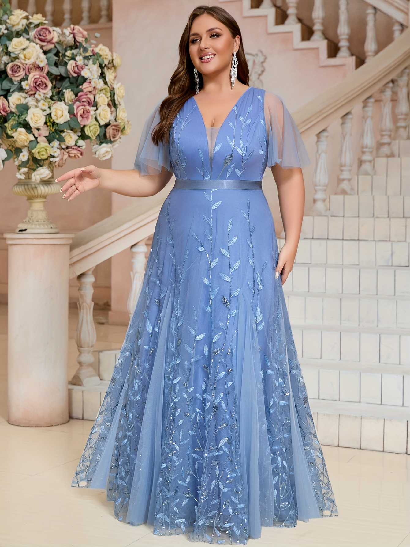 Plus Size Plus Size Women'S V-Neck Leaf Floral Mother of The Bride Dress,  Evening Gown, Bridesmaid Dress, Formal Party Attire, Prom