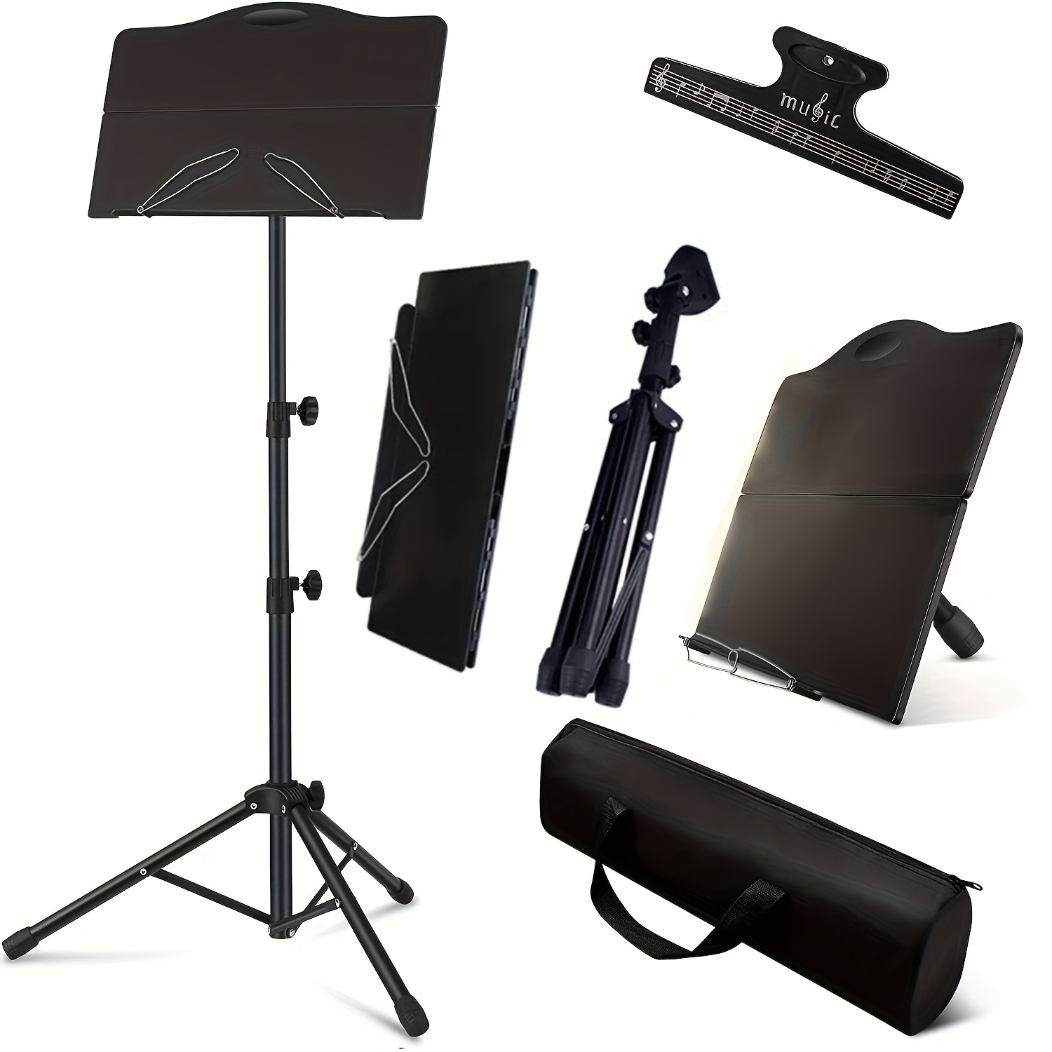 

Portable & Adjustable Sheet Music Stand With Clip - Sturdy Metal Construction, Includes Carrying Bag For Musicians , Music Accessories