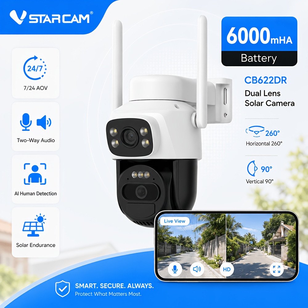 TEMU Vstarcam Dual-lens Solar-powered Outdoor Security Camera, Supporting 2.4g/5g Wifi, App Control, Equipped With Pir Human Body Sensing Alarm