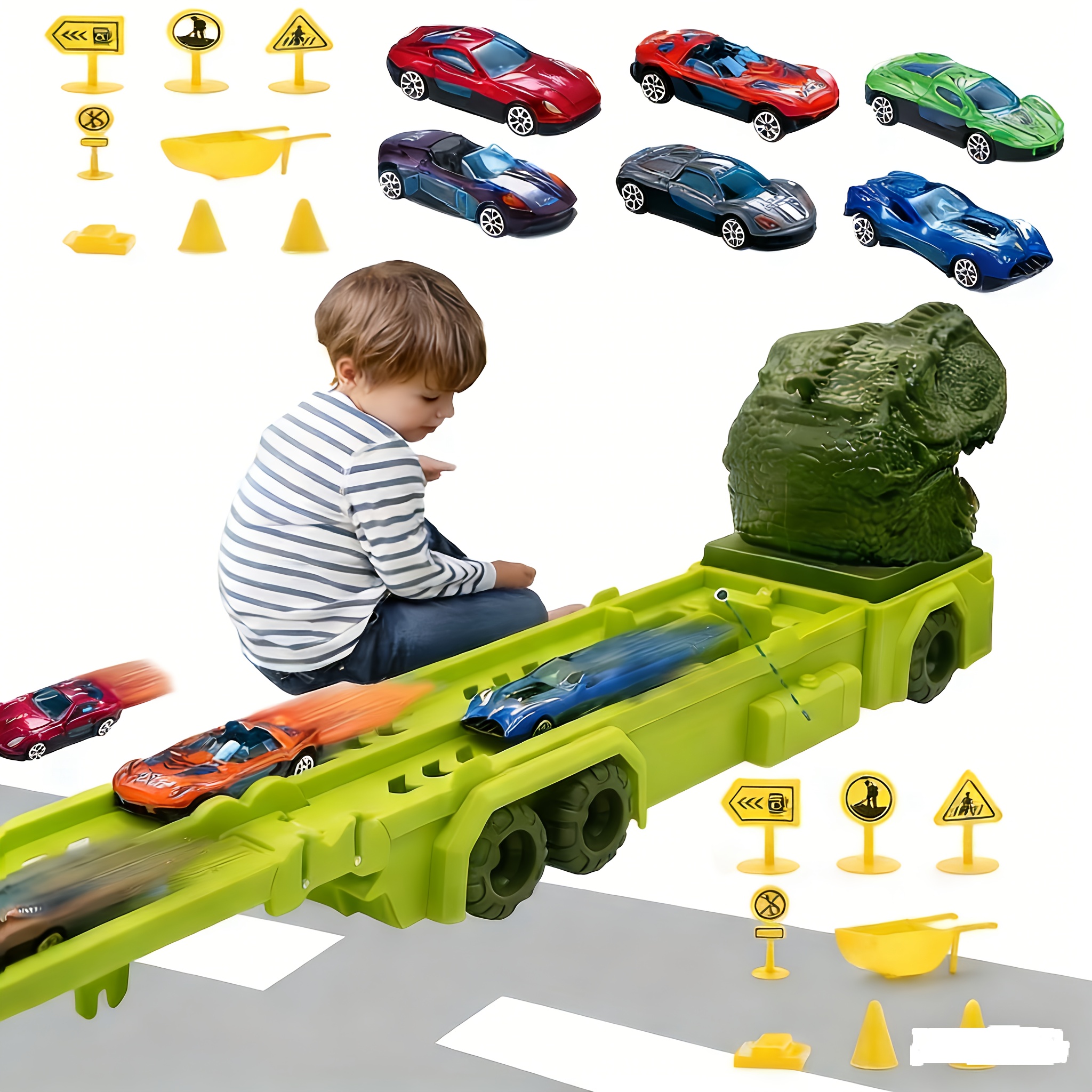 Transportation Race Car Toys, Interesting Dinosaur Race Car Toys, with 6 Racing Cars Included, Children's Transportation Truck Toy Set, (the Car Colors Are Random), Suitable As A Birthday Gift And Holiday Gift for Children