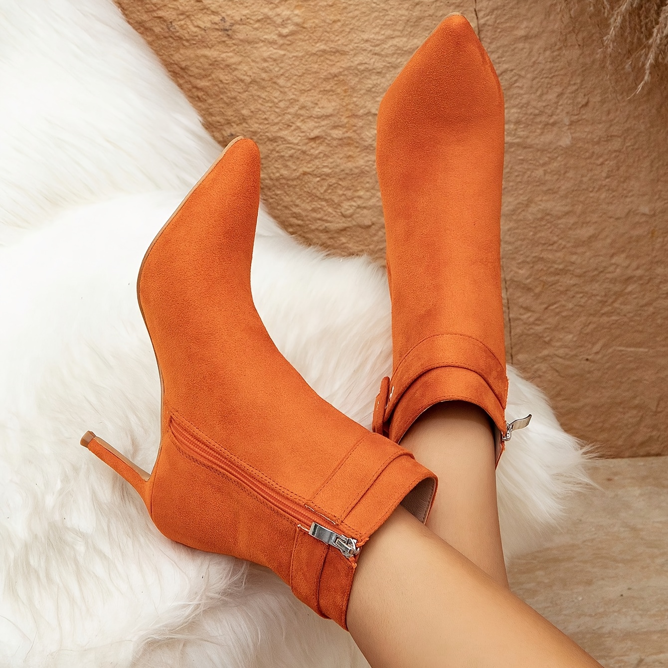 Women's Vibrant Orange Pointed Toe High-Heel Ankle Boots with Buckle Strap & Zipper Closure - Synthetic Cover Upper, Sturdy Rubber Sole, Net Lining - Elegant & Comfortable for Casual to Formal Events, Casual Attire - Versatile All-Season Booties, Party Footwear, Durable Construction, Office Wear, Trendy Footwear