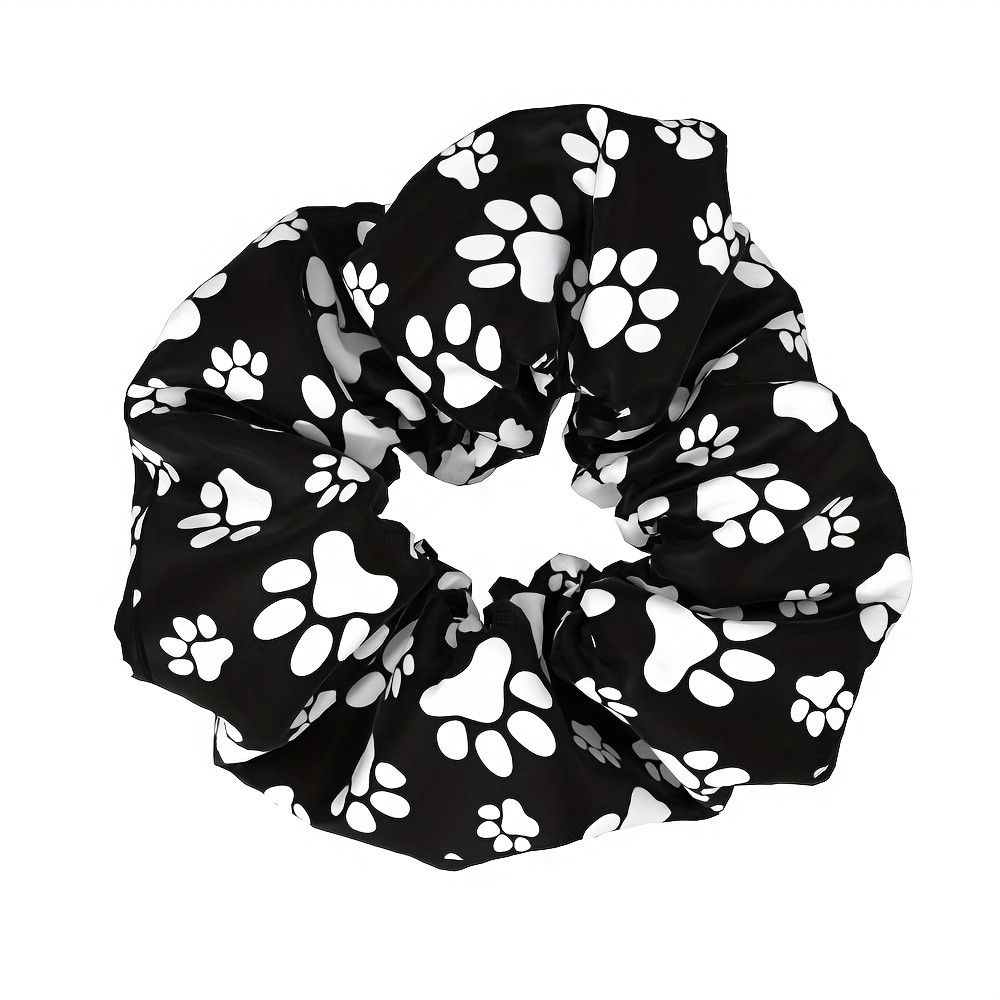 TEMU 1pc Cute Animal Paw Print Scrunchies - Soft Fabric Hair Ties For Women, Black & White Paw Pattern, Elastic Hair Accessories For